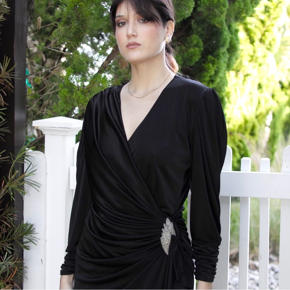 Vintage 1980s Black Formal Wrap Drape Dress with Beaded Brooch Closure.. Size 8